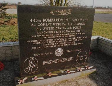The stone memorial to the 445th, which stands close to the Norfolk Gliding Club clubhouse.
