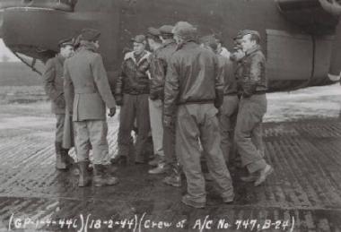 A B-24 crew at Attlebridge Airfield. Photograph from the collection of John Michael, who was stationed at Attlebridge with the 466th Bomb Group during the Second World War.