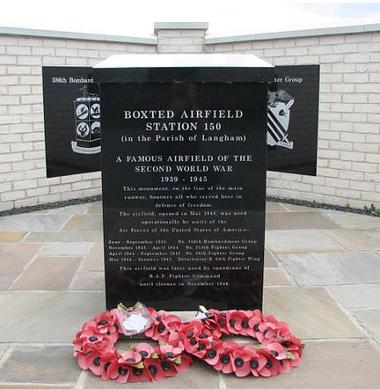 The memorial stands on part of the main runway on the south side of Park Lane, Langham.