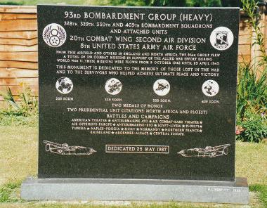 The stone memorial plaque to the 93rd Bomb Group, which stands on one of the old barrack sites near Hempnall.