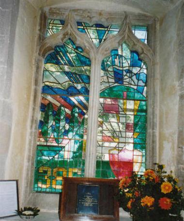 The memorial stained glass window in Carleton Rode Church, honouring 17 members of the 389th who were killed in a mid-air collision over the parish in 1944.
