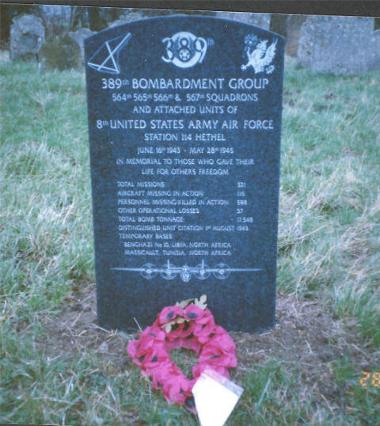 The memorial headstone to the 389th bomb group located in Hethel churchyard.