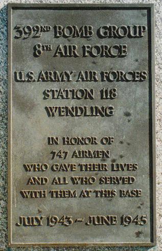A close-up look of the plaque on the memorial to the 392nd Bomb Group.
