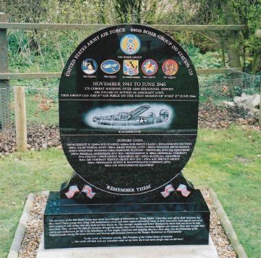 The memorial stone dedicated to the 446th Bomb Group, which is close to the location of the former airfield's HQ buildings and technical site.