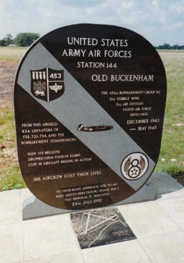 The memorial to the 453rd Bomb Group, dedicated during the reunion in 1990. It is shaped like a B-24 Liberator fin.