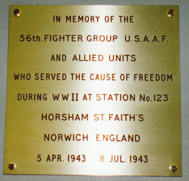 The plaque dedicated to the 56th Fighter Group in the terminal building of Norwich Airport.
