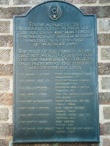 The memorial set into the wall of a block of flats in Heigham Street, Norwich. This is in memory of the crew of a 753rd Bomb Squadron aircraft, who were killed in a crash at nearby Barker Street in November 1944.