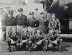 The crew of Jim Lorenz, 785 Bomber Squadron. Last names of those pictured are Coon, Smolka, Lorenz, Crawford, and Perone in the back row and Van Winkle, Moushin, Crute, and Dietz in the front row. The collection of Jim Lorenz (MC 731/435 720x9) at NRO.