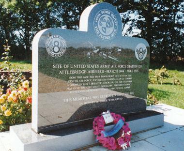 The memorial to the 466th Bomb Group at a crossroads on Frans Green