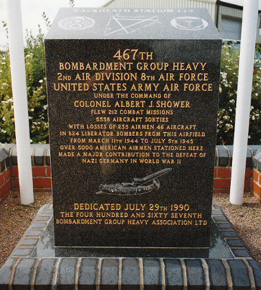 The memorial to the 467th Bomb Group on Wendover Road in Rackheath Industrial Park.