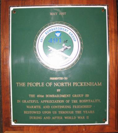 A plaque presented to the people of North Pickenham by the 491st Bomb Group in May 1997. It is in St Andrew's Church.